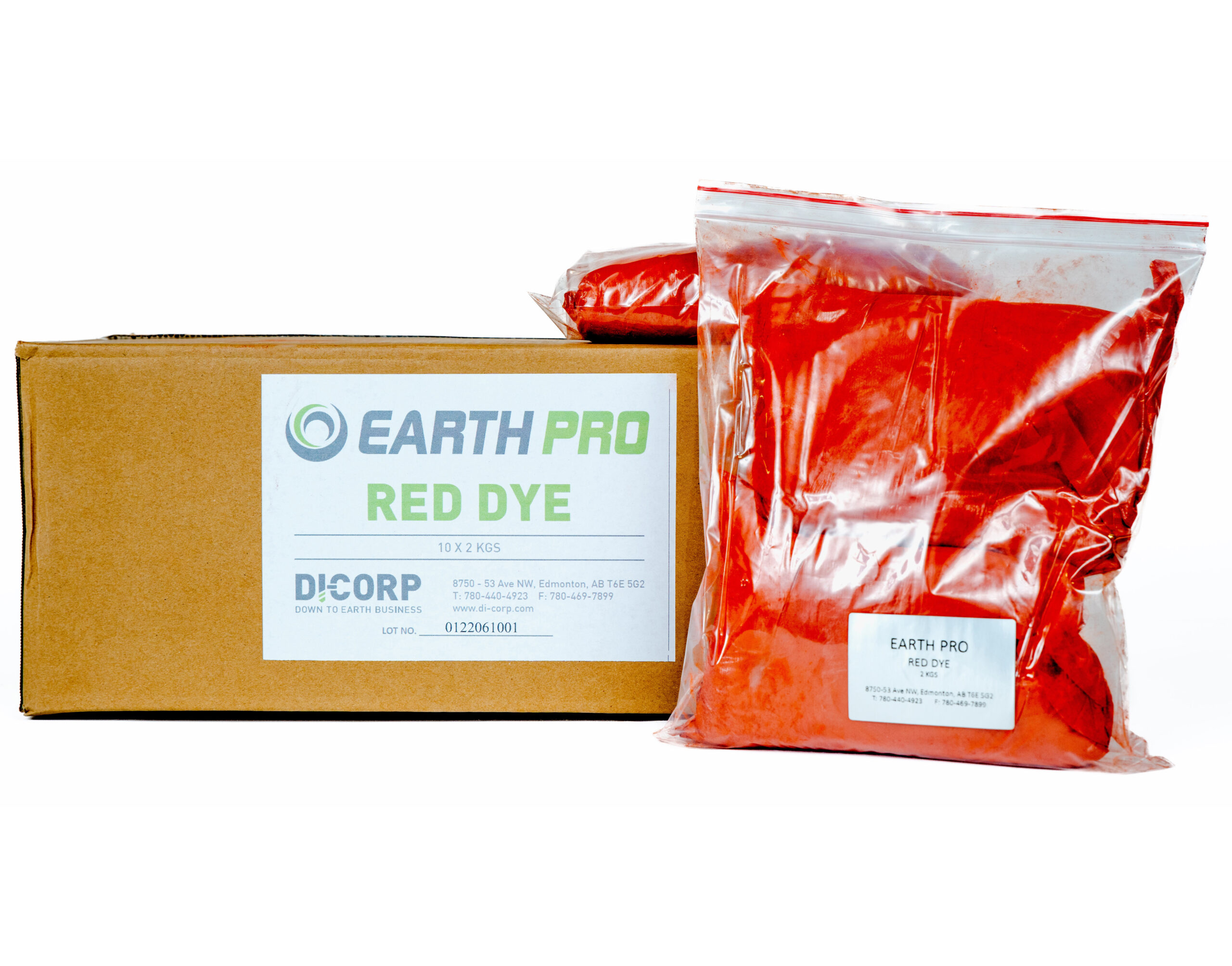 a box and bag of earth pro red dye