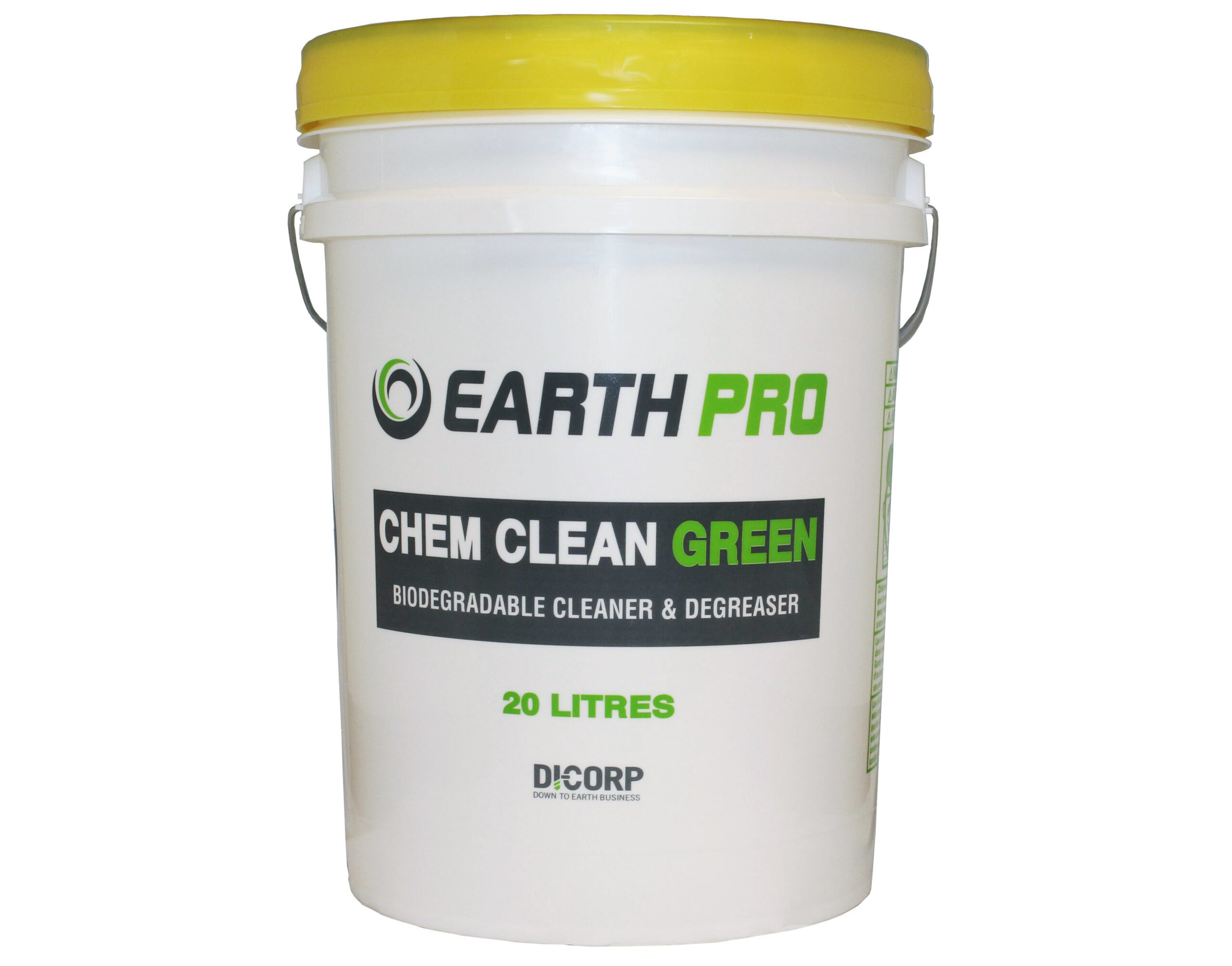 20L pail of Chem Clean Green. On the pail, a label reads “Earth Pro. Chem Clean Green Biodegradable cleaner & degreaser. 20 Litres. Di-Corp”