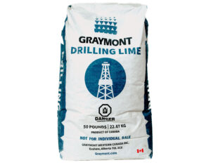 White and blue bag of “Graymont Drilling Lime” with the following words: “50 pounds | 22.67 KG. Product of Canada. Not for Individual Sale. Graymont Western Canada Inc. Exshaw, Alberta, T0L 2CO. Greymont.com”
