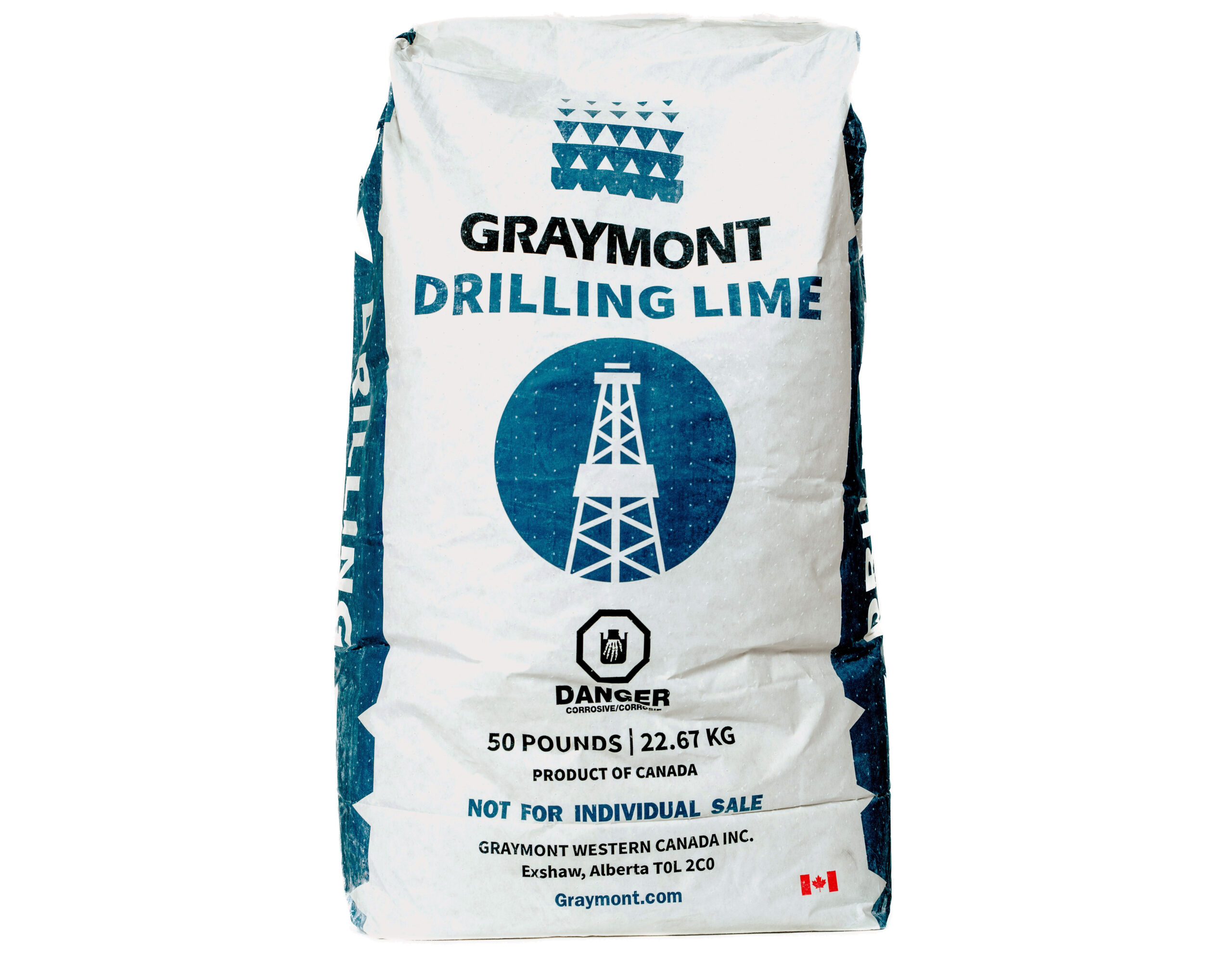 White and blue bag of “Graymont Drilling Lime” with the following words: “50 pounds | 22.67 KG. Product of Canada. Not for Individual Sale. Graymont Western Canada Inc. Exshaw, Alberta, T0L 2CO. Greymont.com”