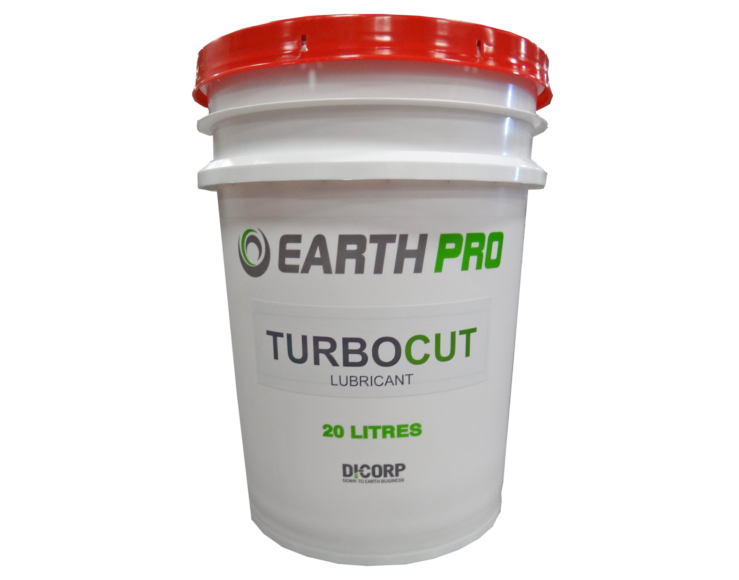 A tub of Earth Pro TurboCut. The tub says: “EarthPro TURBOCUT LUBRICANT, 20 LITRES. Di-Corp”