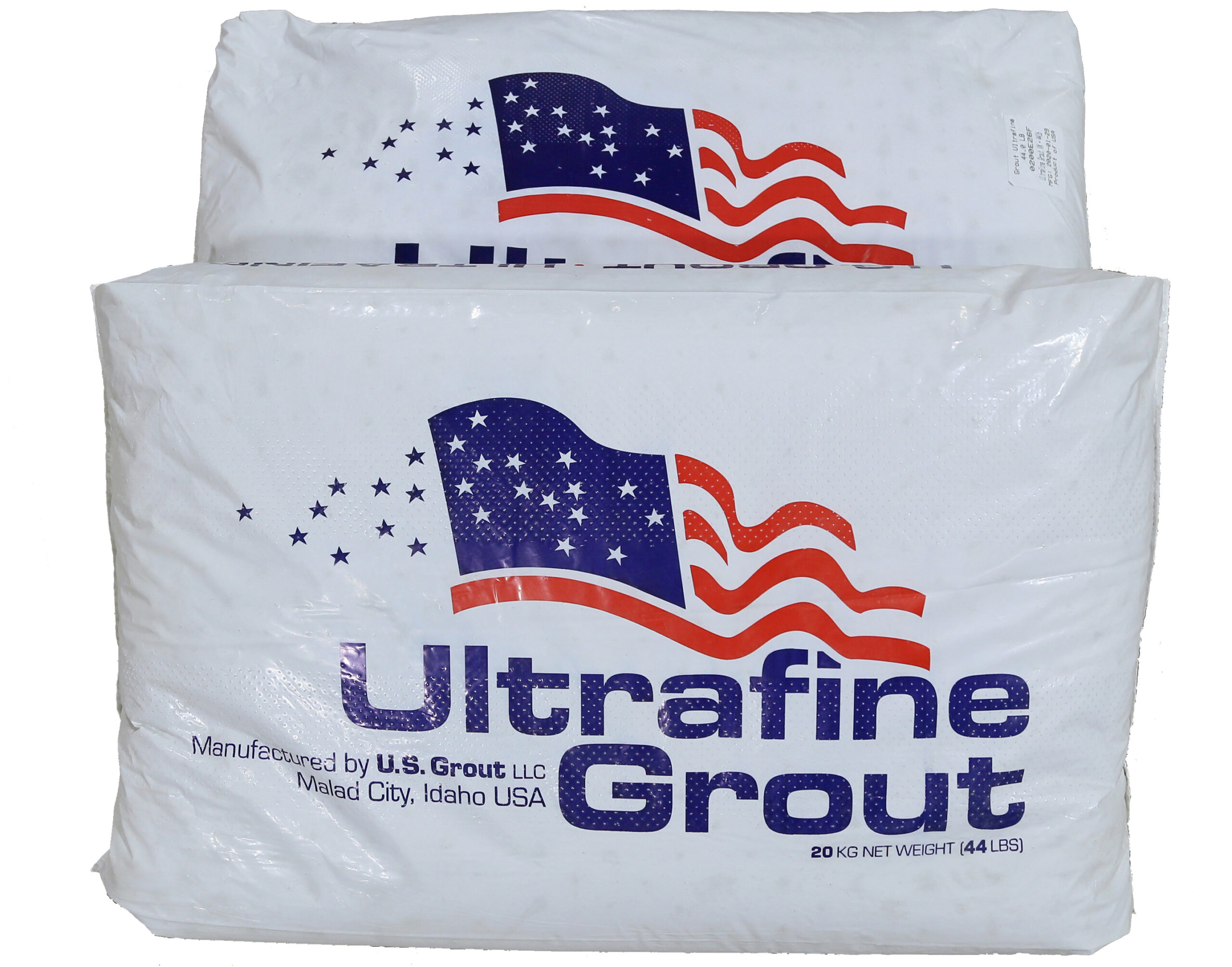 Two bags of Ultrafine Group. The bags have the United States flag with the text “Ultrafine Grout. Manufactured by U.S. Grout LLC Malad City, Idaho USA. 20KG NET WEIGHT (44LBS)”