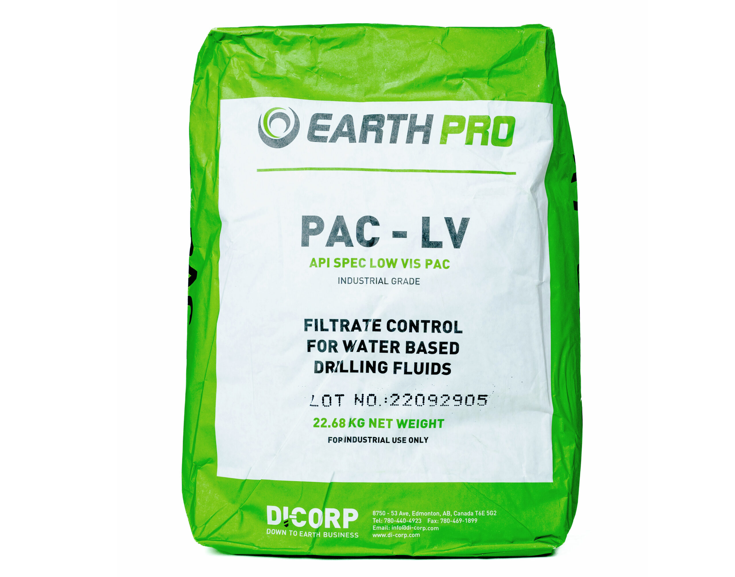 A bag of low-viscosity polyanionic cellulose polymer. The bag is green and includes the text: “PAC-LV API Spec low vis PAC. Filtrate control for water-based drilling fluids. 22.68KG net weight. For industrial use only.”