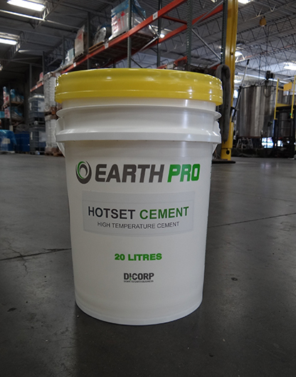 20L tub of EarthPro oilfield Hotset Cement Additive in a warehouse.