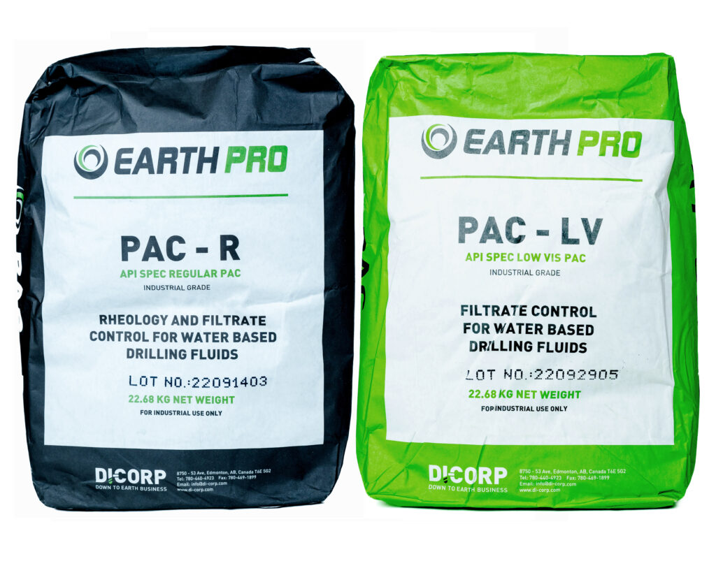 Two bags of polyanionic cellulose polymers: regular and low-viscosity. The regular bag is black, and has the text: “PAC-R API Spec Regular PAC. Industrial grade. Rheology and filtrate control for water-based drilling fluids. 22.68KG Net weight. For industrial use only.” The low-viscosity bag is green and includes the text: “PAC-LV API Spec low vis PAC. Filtrate control for water-based drilling fluids. 22.68KG net weight. For industrial use only.”