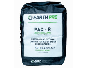 A bag of regular polyanionic cellulose polymer. The bag is black and has the text: “PAC-R API Spec Regular PAC. Industrial grade. Rheology and filtrate control for water-based drilling fluids. 22.68KG Net weight. For industrial use only.”