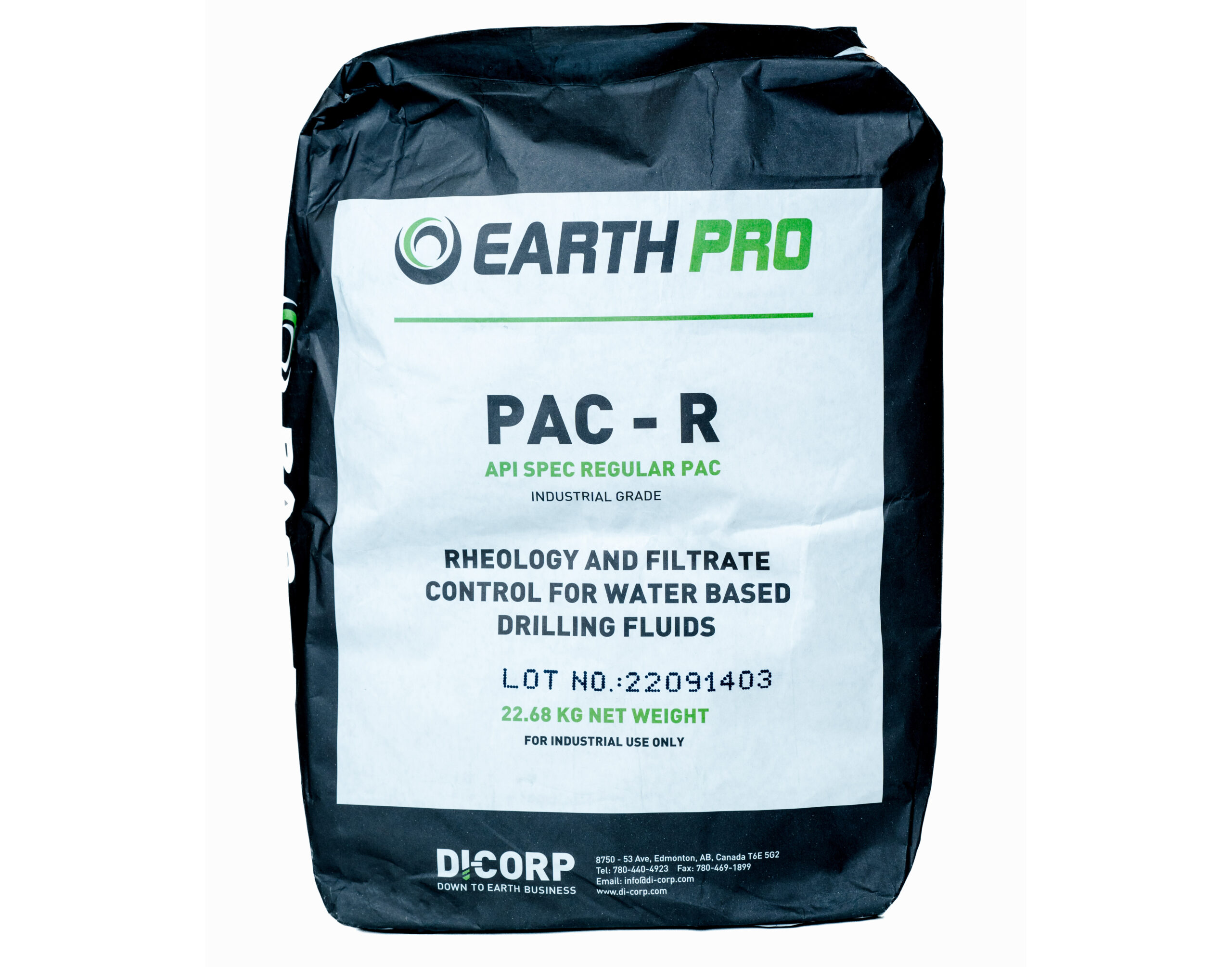 A bag of regular polyanionic cellulose polymer. The bag is black and has the text: “PAC-R API Spec Regular PAC. Industrial grade. Rheology and filtrate control for water-based drilling fluids. 22.68KG Net weight. For industrial use only.”