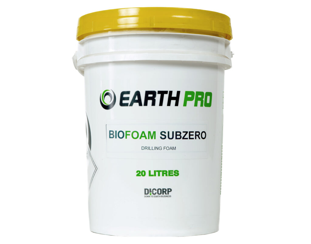 A tub of BioFoam Subzero. The text on the tub reads “EarthPro BioFoam Subzero Drilling Foam. 20 Litres. Di-Corp.”